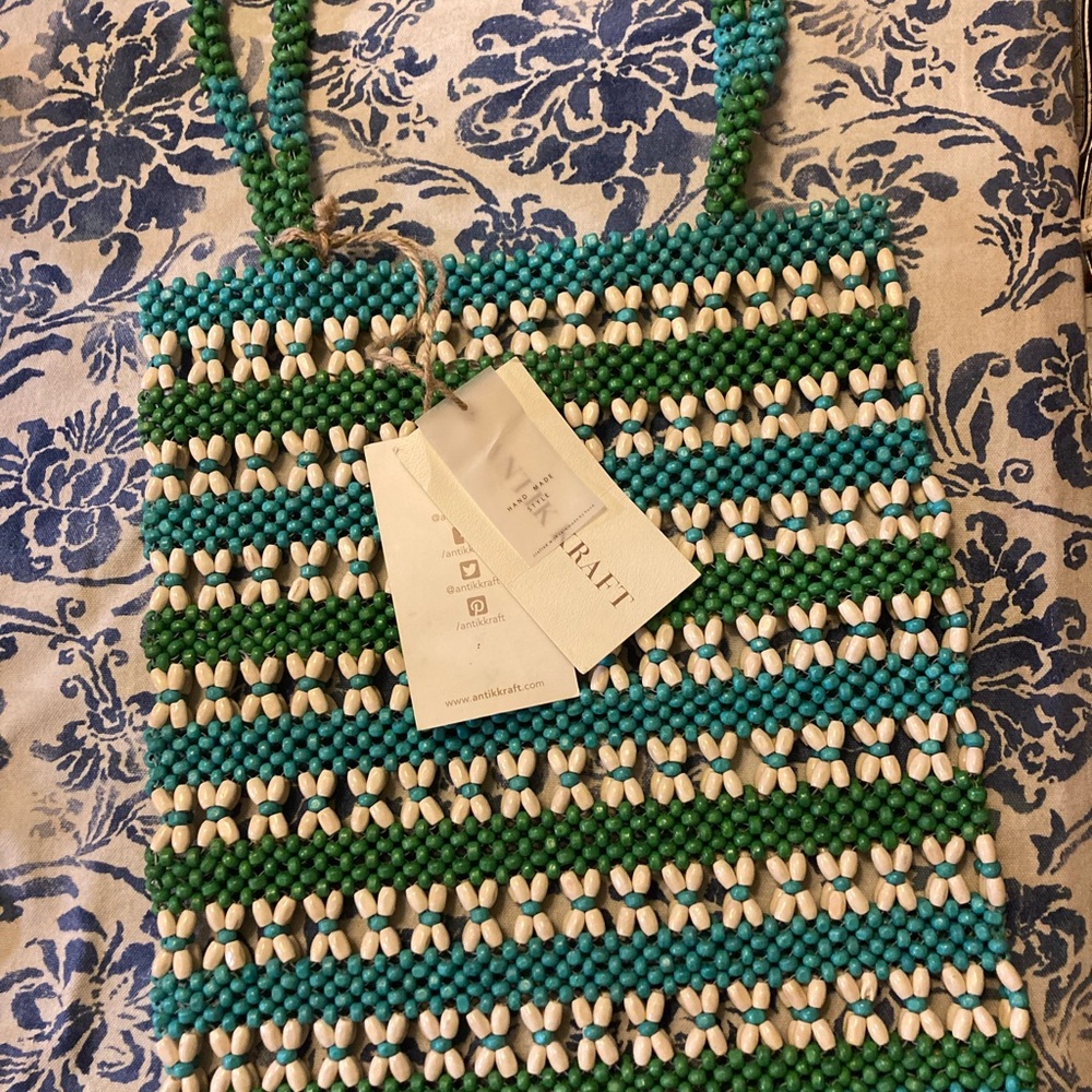 Antik Kraft Green and Blue Beaded Tote